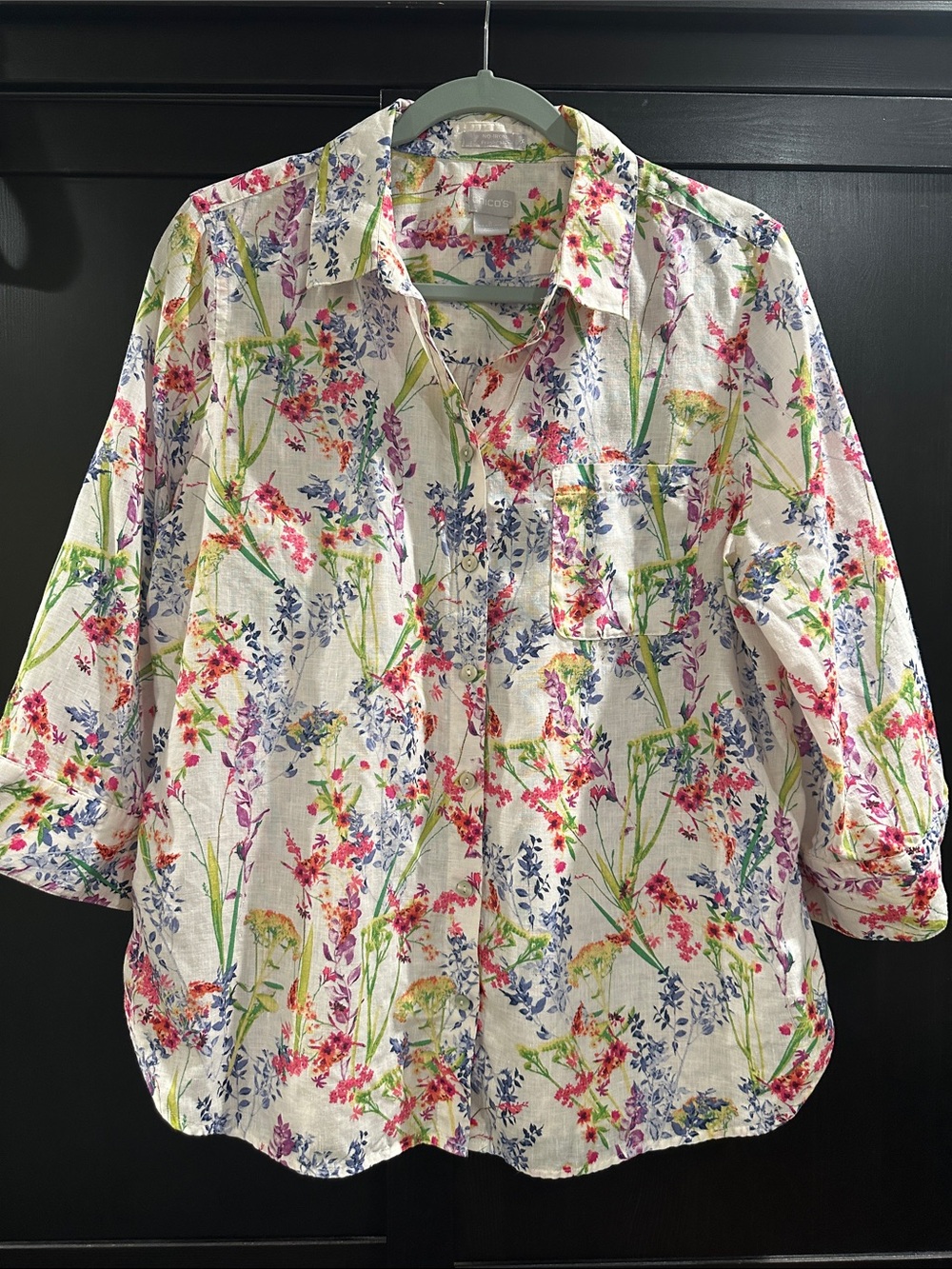 Chico's Floral Button-Down Shirt in White with Pink, Blue & Green